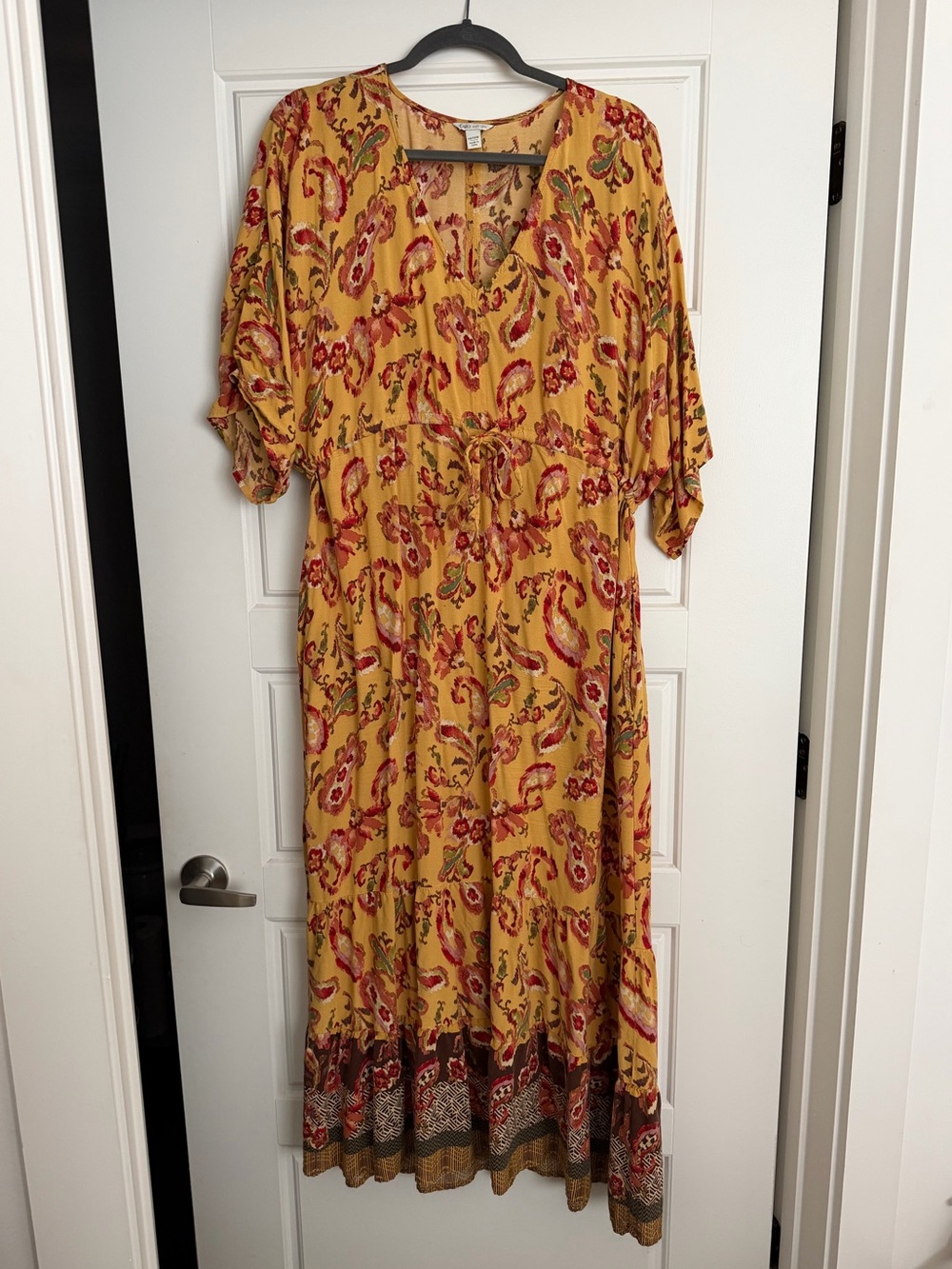 Cato Mustard Floral Maxi Dress with Tie Waist and Border Print